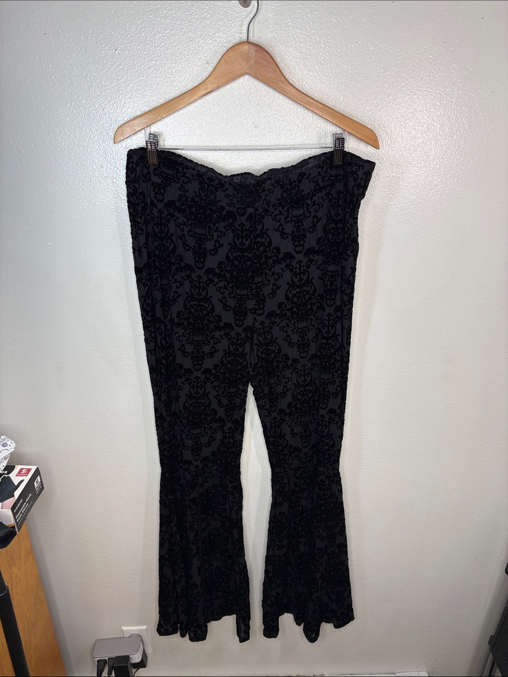 Killstar Black Crushed Velvet Skull Sheer Bell Bottom Pants Women Plus Size 3XL